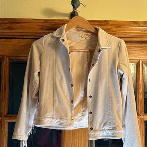 Joyfolie Beige Jean Jacket with Fringe Detail